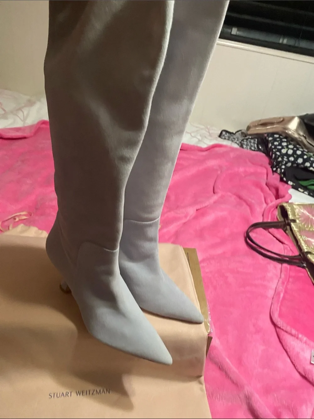 Stuart Weitzman Light Gray Over-the-Knee Kitten Heel Boots